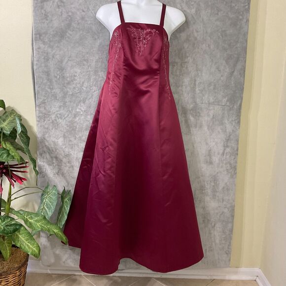 Vintage BY Edward Formal Gown 2XL Maroon 90's Sq. Neck Y2K USA tulle embroidered